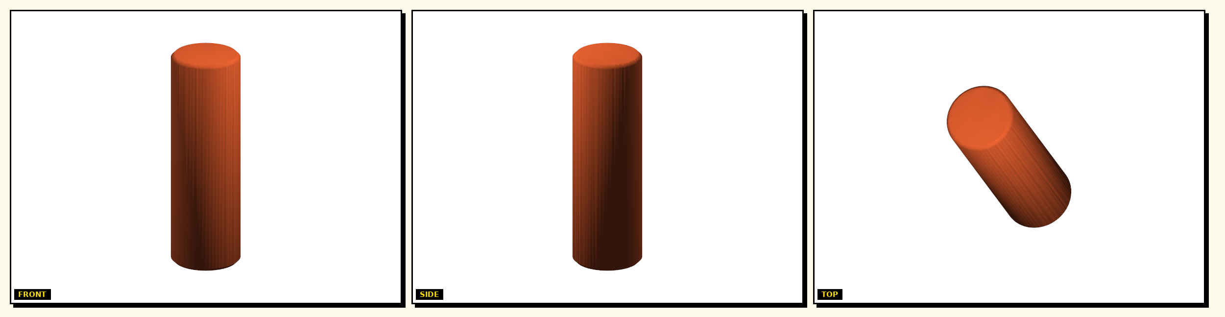 Mock Rod — front, side, top views