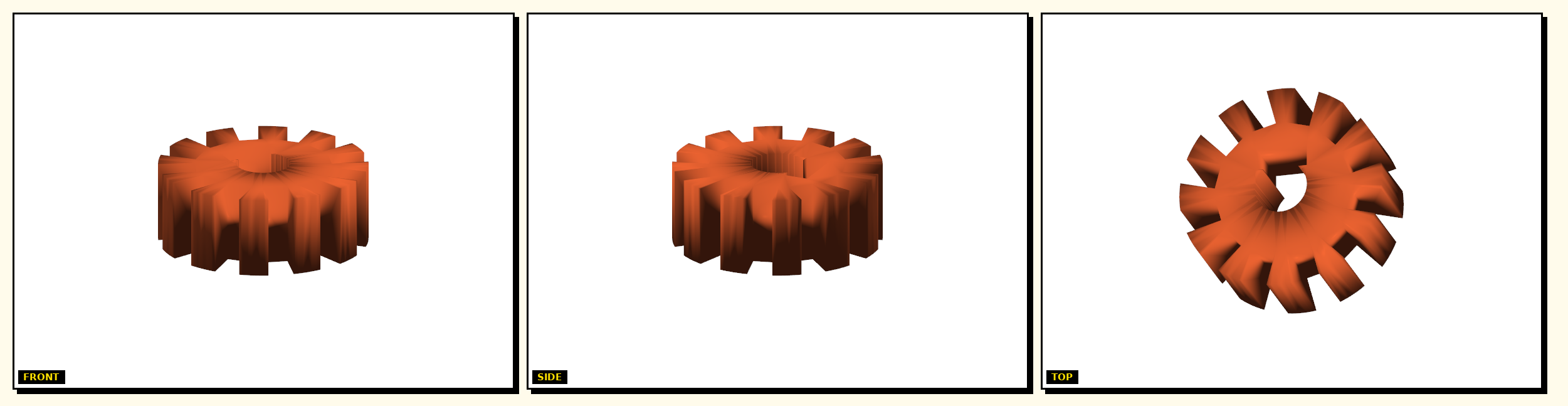 Radial Clamp Motor Pinion — front, side, top views