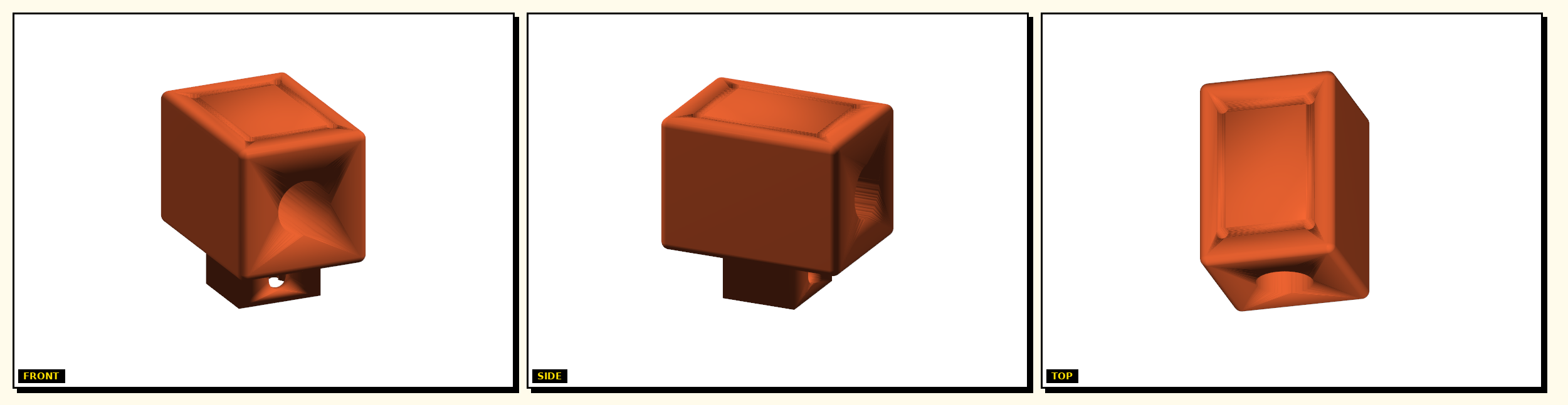 Rod Carriage — front, side, top views