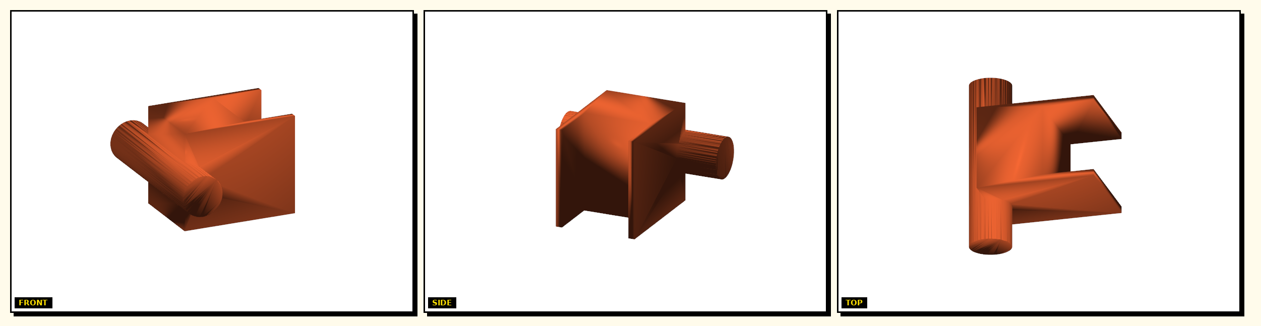 Rod Traveler Arm Passive — front, side, top views