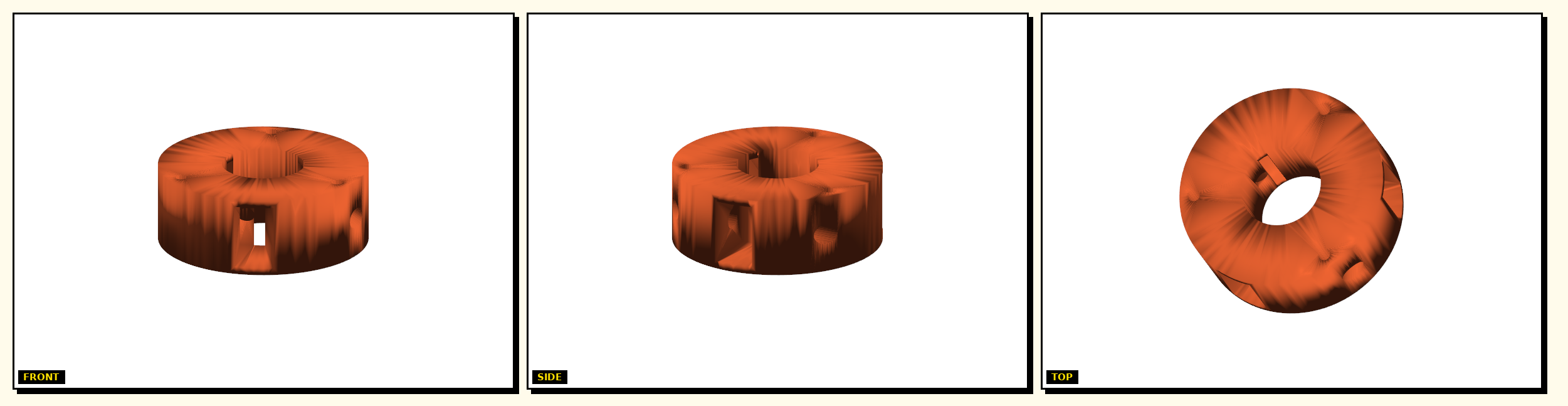 Rod Traveler Housing — front, side, top views